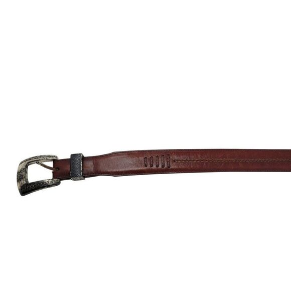 Vtg 90s Mens Cognac Brown Leather Belt Sz 34 Braided Inlay Silver Distressed Buc - Picture 15 of 16